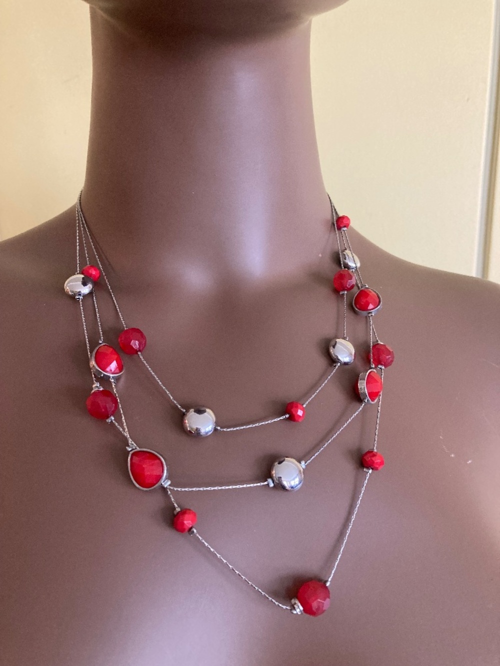 Red Bead & Stainless Steel Three-Tier Necklace